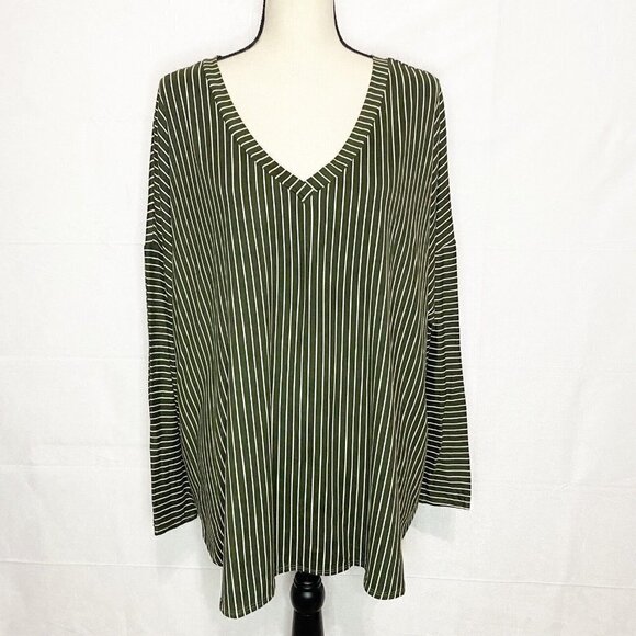 Cool Melon Striped Long Sleeve V-Neck Top Olive Green Size 2XL - Picture 1 of 7